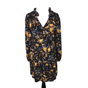 True Craft Black & Gold Splatter Fall Rufflew Neck Tiered Mini Dress Size Medium